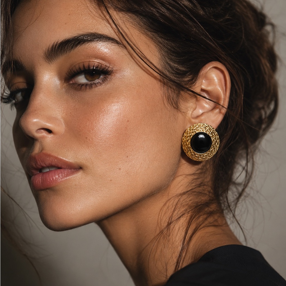 Vintage Woven Gold Tone With Black Statement Disc Earrings